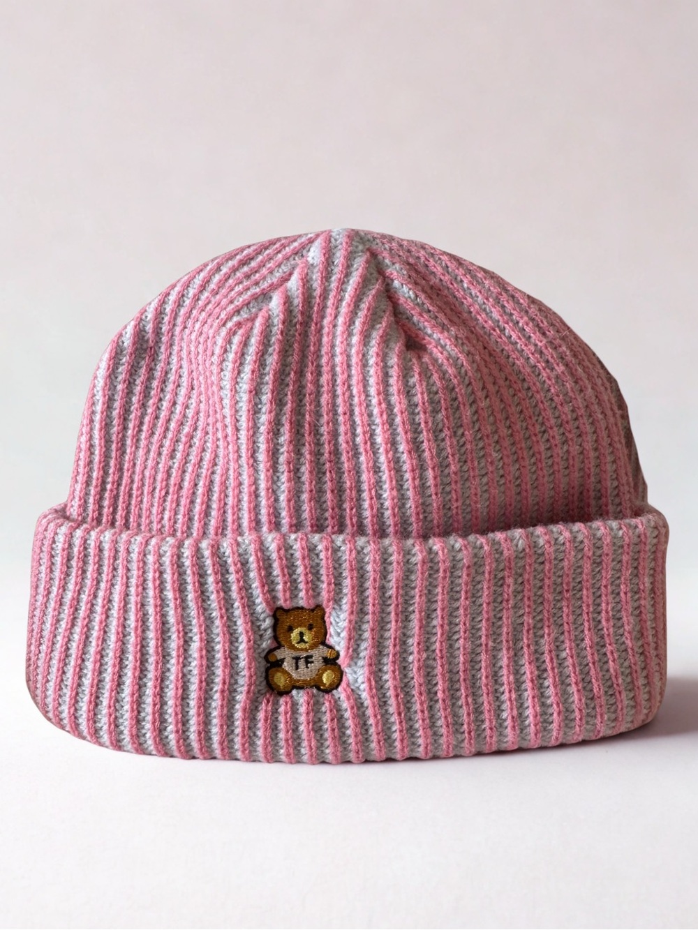 Teddy Fresh Discontinued Pink Lavender Gray Striped Ribbed Bear Patch Beanie OS